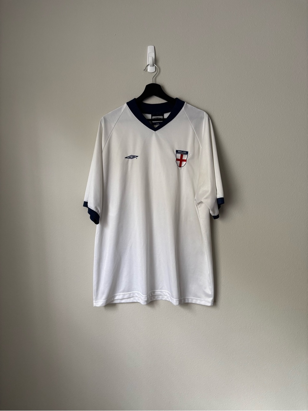 Umbro Men’s White Soccer Jersey with Navy Trim and England Crest